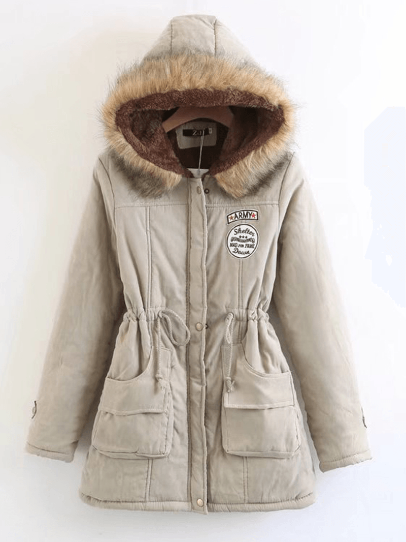 Winter Women Pure Color Fur Collar Hooded Thicken Coats - MRSLM