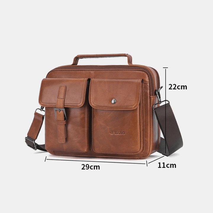 Men Genuine Leather Multi-Function Retro Large Capacity Handbag Shoulder Bag Cross Body Bag - MRSLM