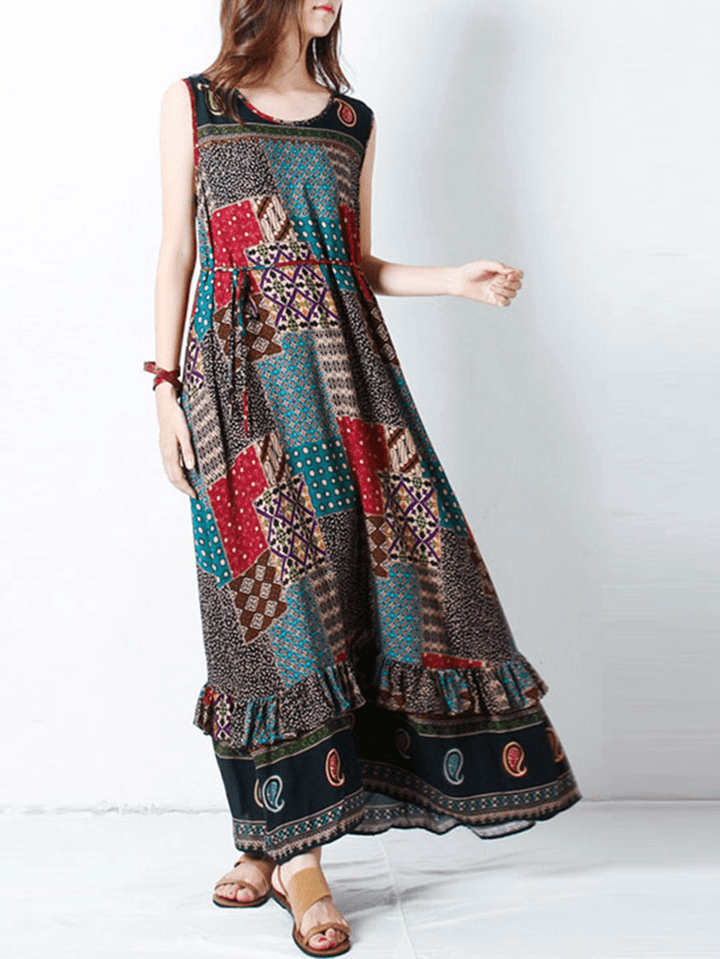 Bohemian Women Sleeveless O-Neck Printed Maxi Tank Dress - MRSLM