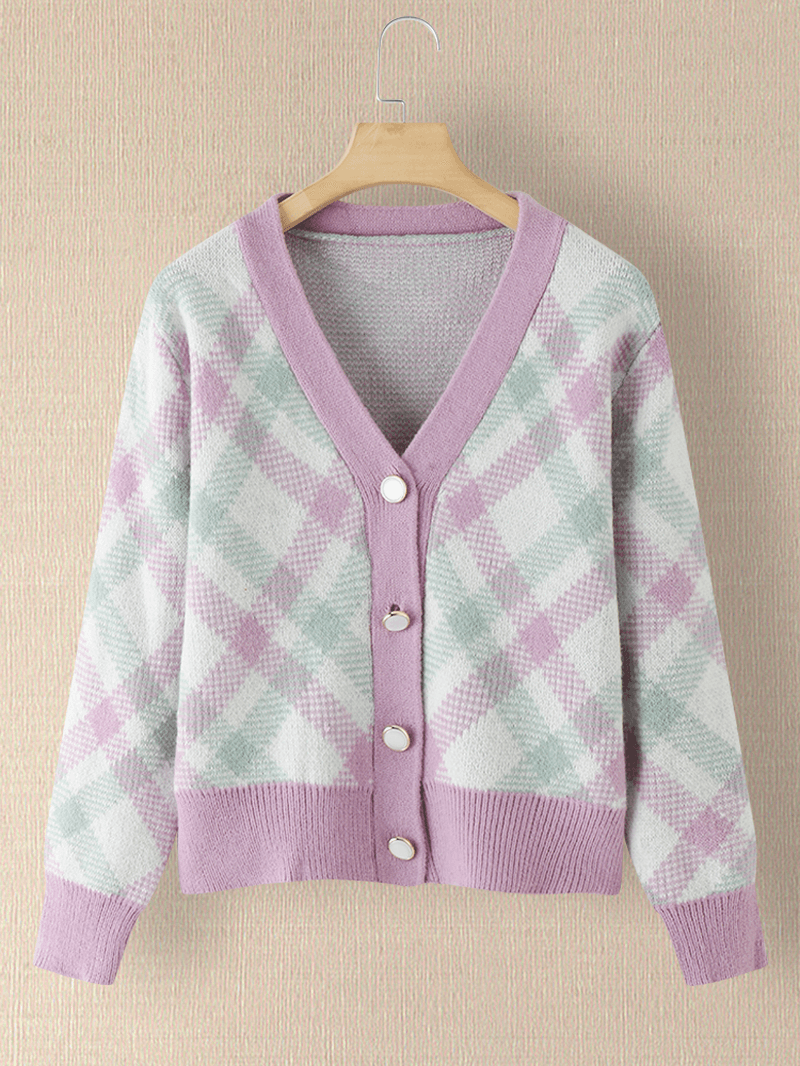 Women Plaid V-Neck Knitted Elastic Cuff Color Block Cardigan - MRSLM