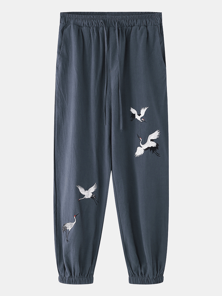 Men Casual White Crane Embroidery Home Harem Pants - MRSLM