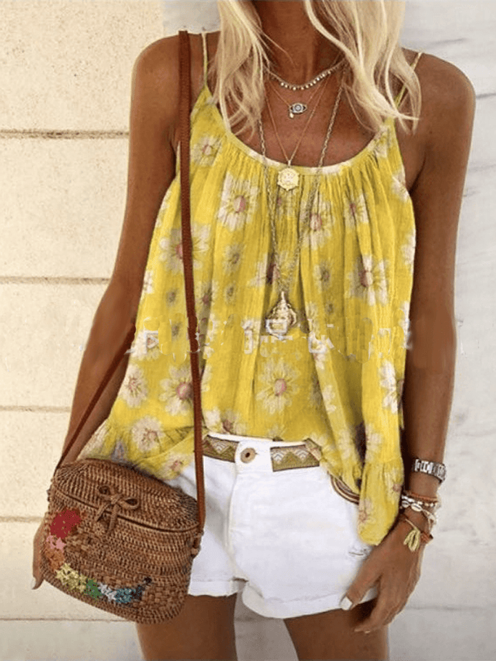 Daisy Print Sleeveless Straps Loose Tank Tops - MRSLM