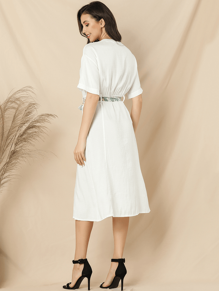 Women Casual V-Neck Short Sleeve Midi Shirt Dress - MRSLM