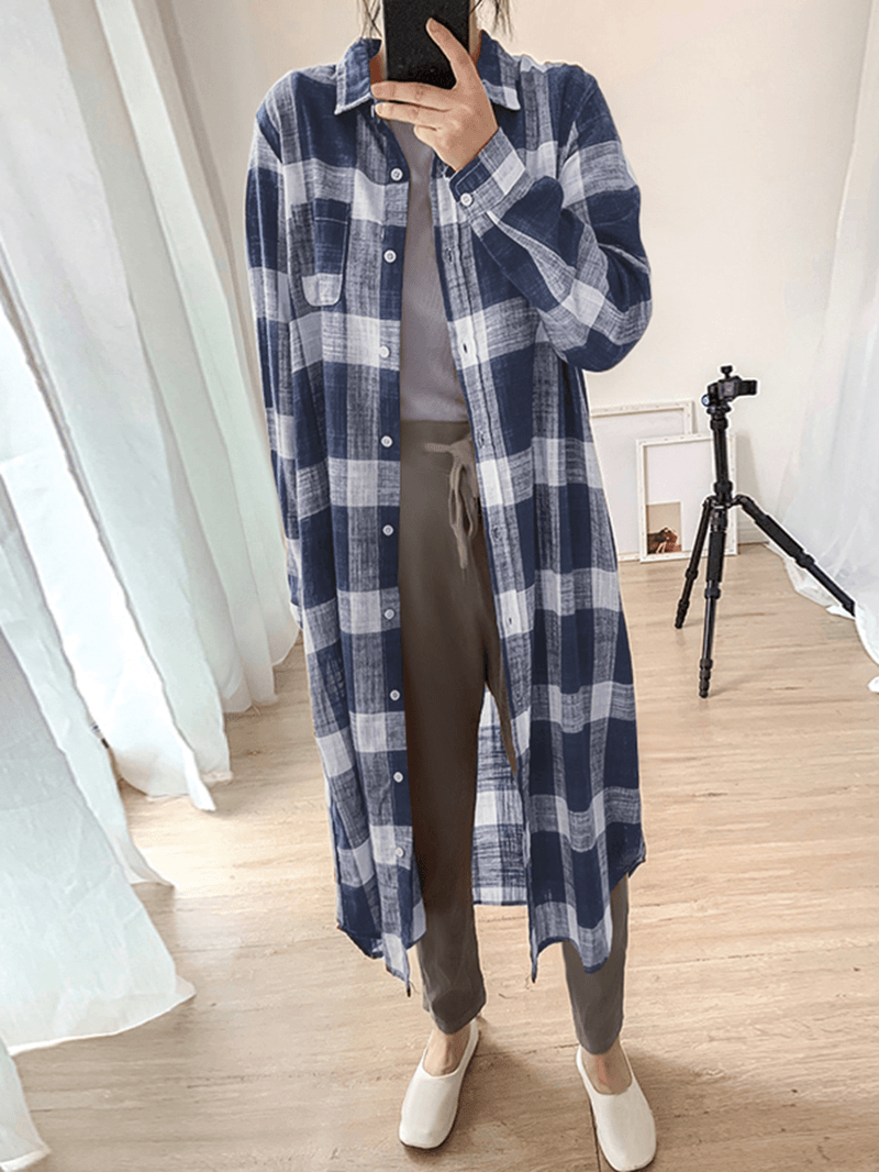 Women Plaid Commute Business Outer Wear Bottom down Front Loose Shirt Dress Cardigans - MRSLM