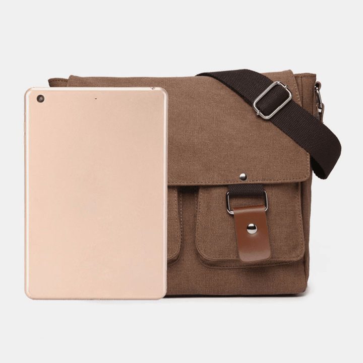 Men Double Front Pocket Large Capacity Crossbody Bag Retro Canvas Horizontal Solid Color Anti-Theft Shoulder Bag - MRSLM