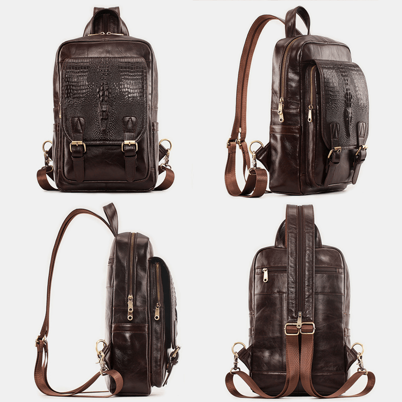 Men Genuine Leather Large Capacity Multi-Compartment Backpack Retro Multifunction Crossbody Shoulder Bags - MRSLM