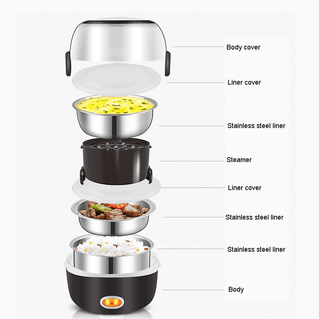 Electric Rice Cooker Stainless Steel 3 Layers Steamer Warmer Heating Lunch Box - MRSLM