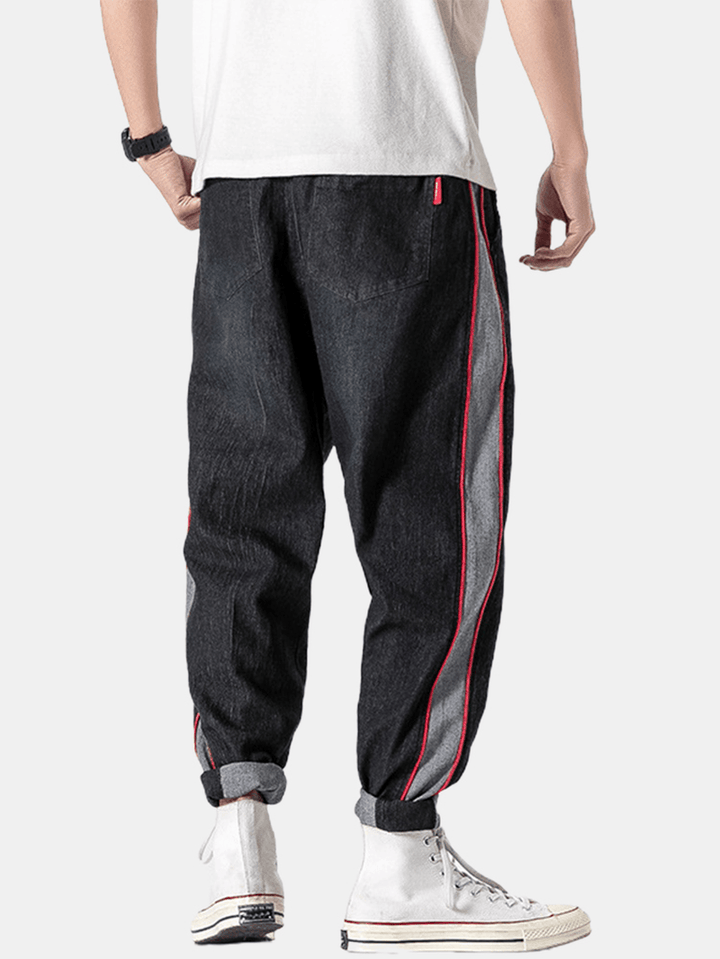 Mens Contrast Side Piping Patchwork Cotton Drawstring Denim Pants - MRSLM