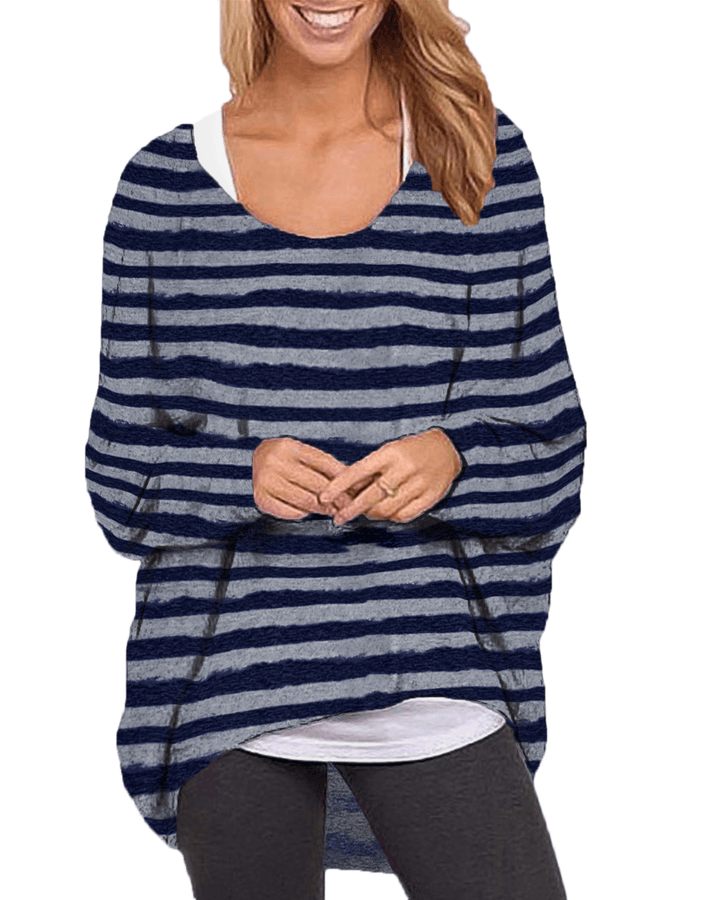 Women Long Sleeve O-Neck Stripe Baggy High Low Hem Casual Blouse - MRSLM