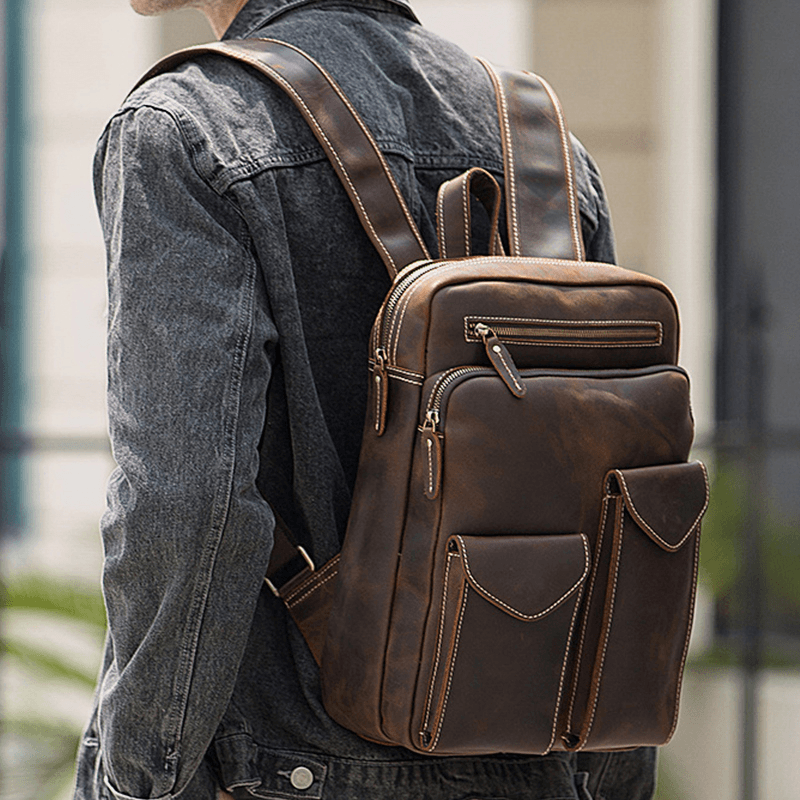 Men Genuine Leather Large Capacity Retro Casual Fashion 14 Inch Laptop Bag Travel Bag Business Backpack - MRSLM