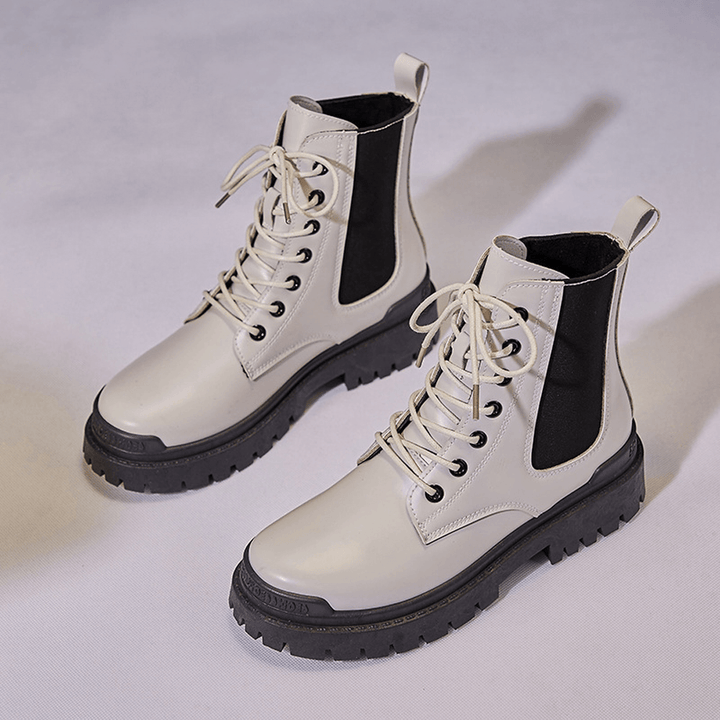 Women Casual Warm Slip Resistant Platform Lace up Combat Boots - MRSLM