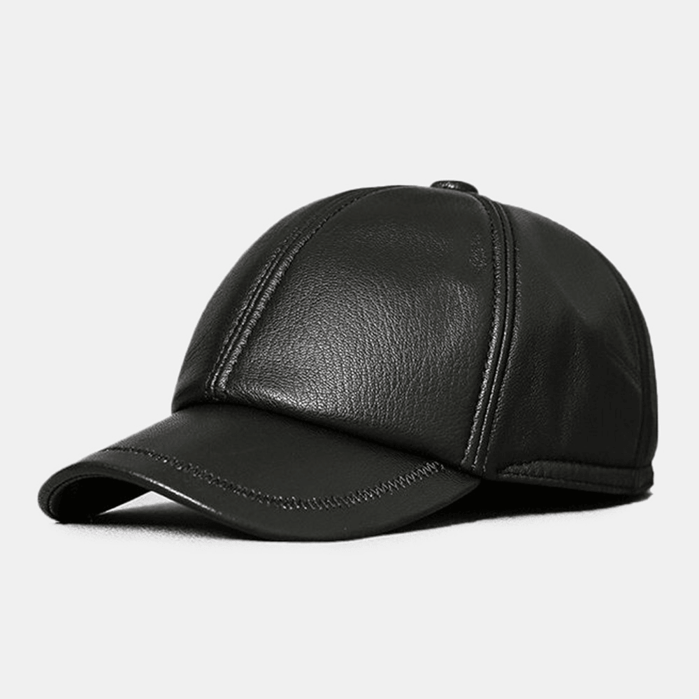 Men Genuine Leather Patchwork Embroidery Thread Dome Casual Windproof Sunshade Baseball Cap - MRSLM