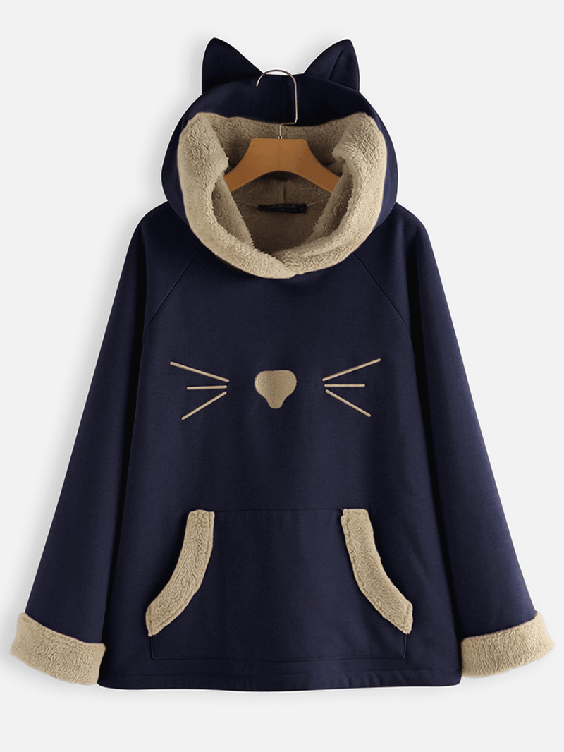 Ears Hooded Fleece Patchwork Cartoon Print Sweatshirt - MRSLM