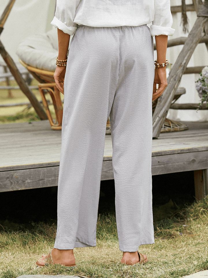 Striped Print Elastic Waist Pocket Wide Leg Casual Pants for Women - MRSLM