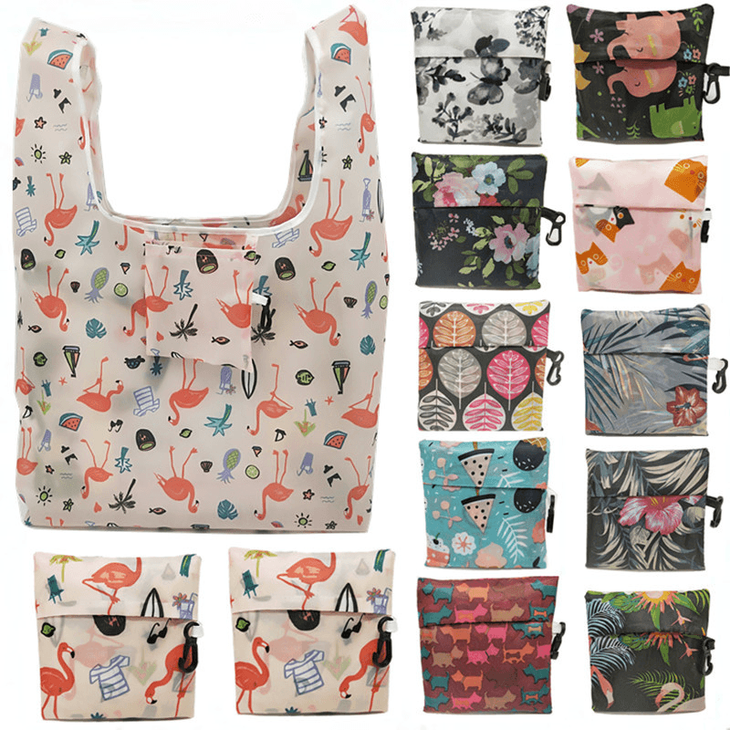 Flamingo Recycle Shopping Bag Eco Reusable Shopping Tote Bag Cartoon Floral Shoulder Folding Pouch Handbags Printing Kitchen Storage Tool - MRSLM