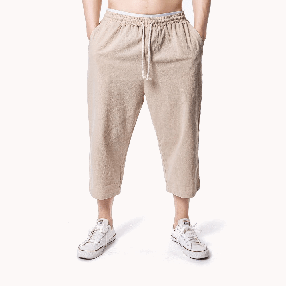 Mens Linen Solid Color Drawstring Casual Pants - MRSLM