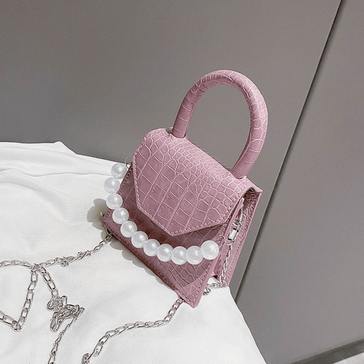 Women Pearls Chain Decor Flap Embossed Snake Pattern Mini Handbag Crossbody Bag Shoulder Bag - MRSLM