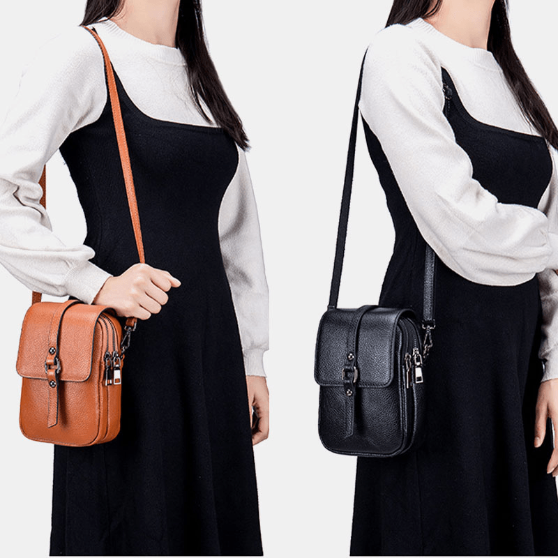 Women Genuine Leather Casual Retro Multi-Layers Earphone Hole 6.5 Inch Phone Bag Crossbody Bag - MRSLM