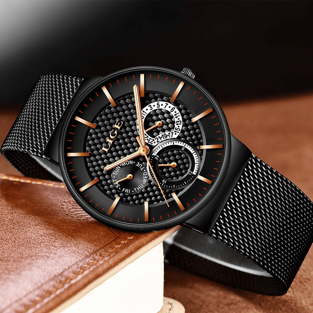 LIGE 9836 Business Casual Men Watch Waterproof Luminous Date Week Display Quartz Watch - MRSLM