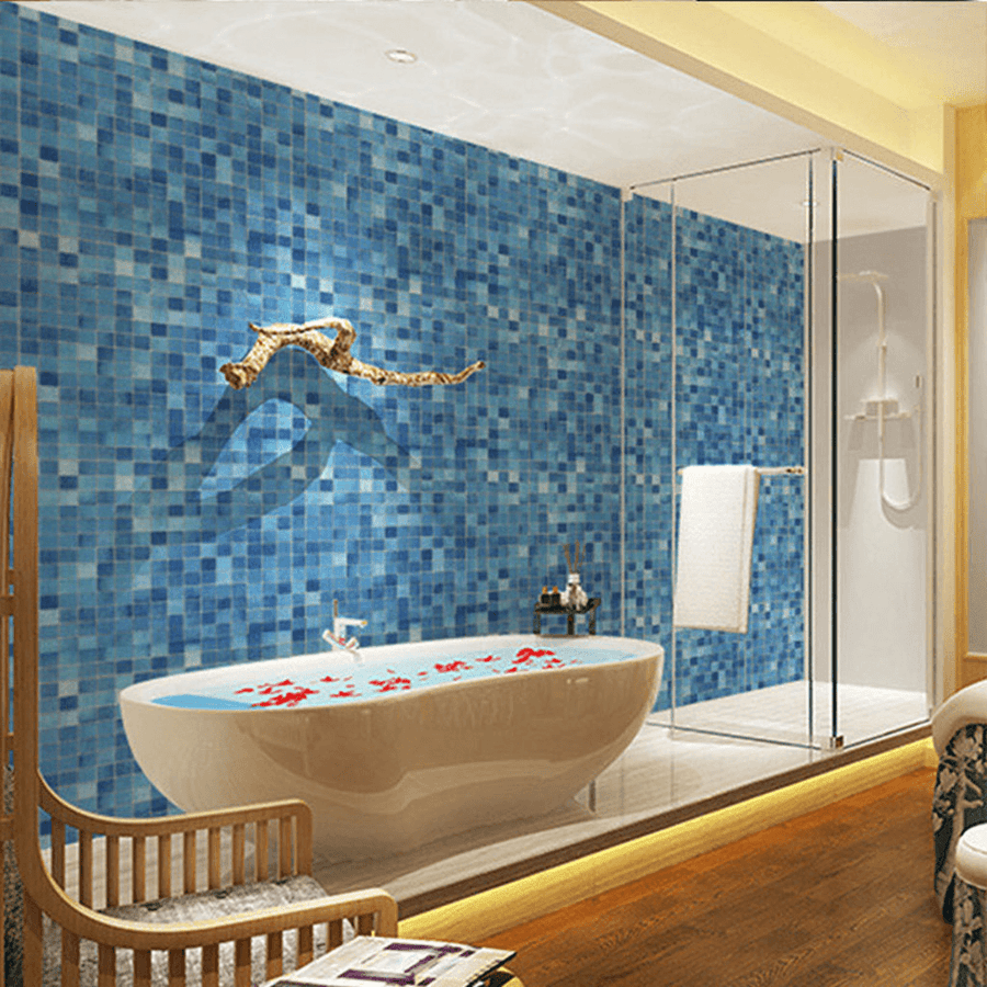 H1379 Blue Modern Style Self Adhesive Wallpaper Roll for Bathroom PVC Waterproof Film Patch Wall Sticker - MRSLM