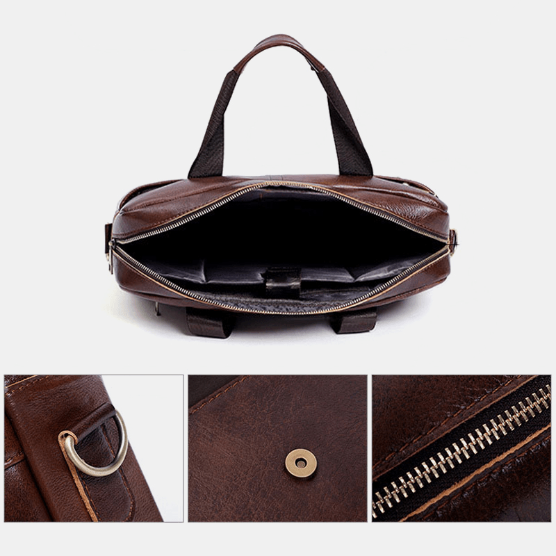 Men Multifunction Genuine Leather 15.6 Inch Laptop Bag Briefcases Retro Multi-Pocket Crossbody Bag Shoulder Bag - MRSLM