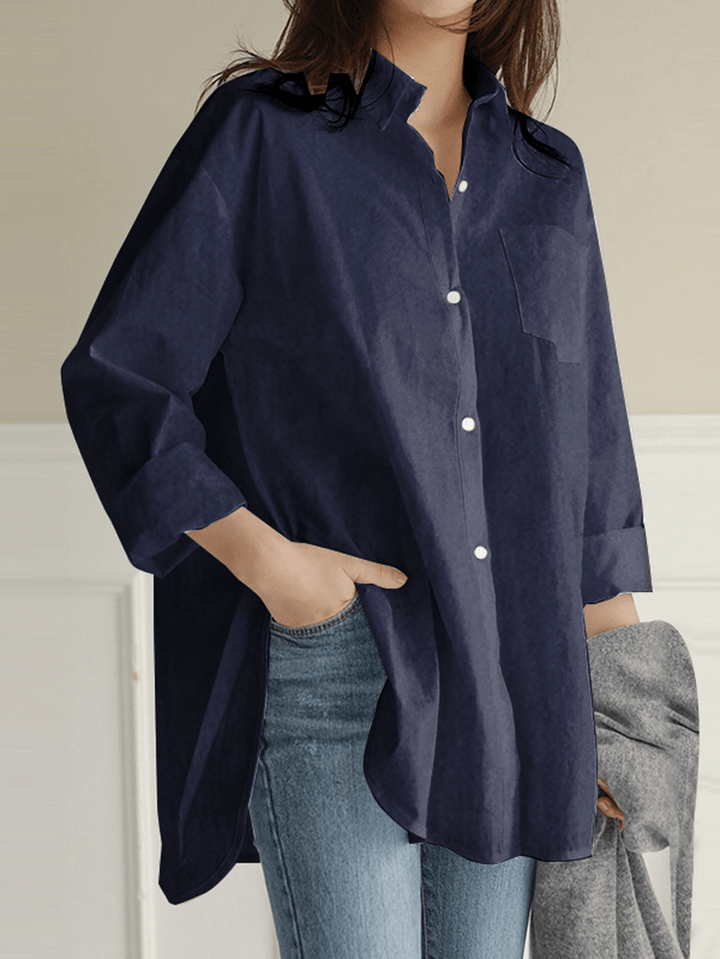 Women Solid Color Turn-Down Collar Blouse Irregular Hem Chest Pocket Splited Denim Shirts - MRSLM