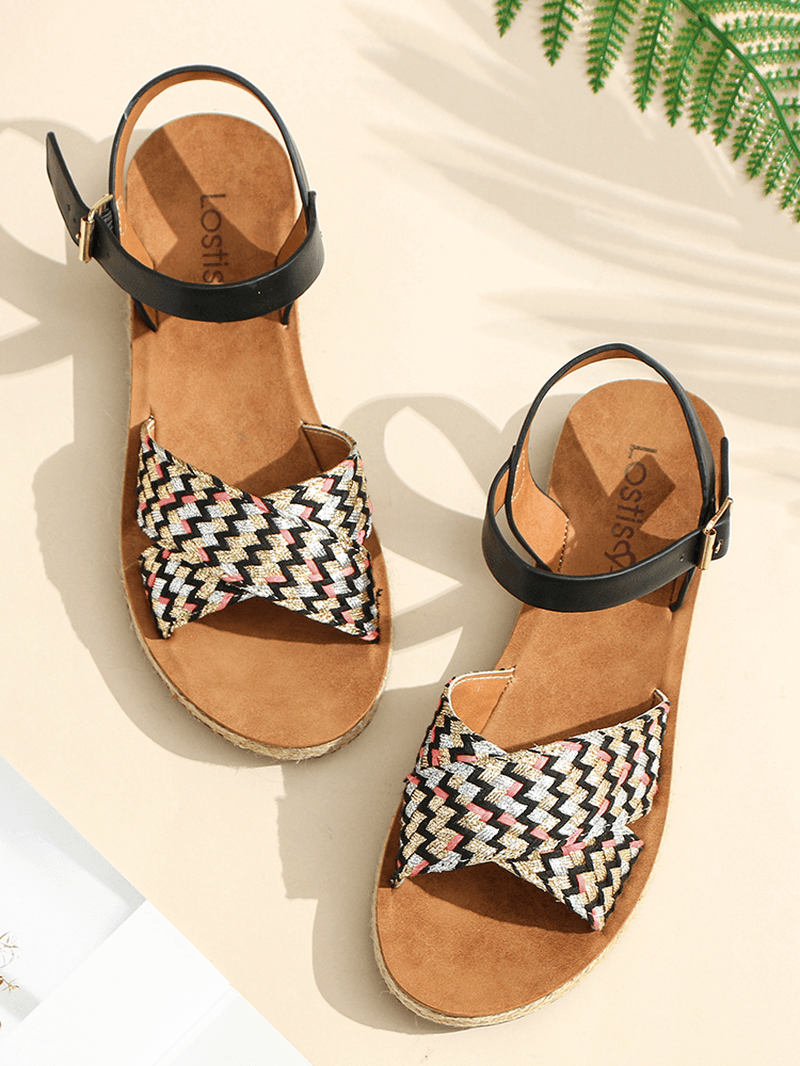 LOSTISY Women Cross Woven Strap Casual Sandals - MRSLM