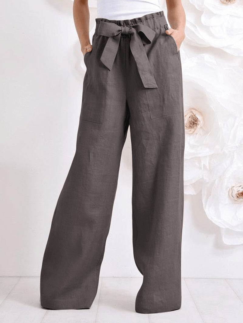 Women Cotton High Drawstring Elastic Waist Loose Solid Wide Leg Pants - MRSLM