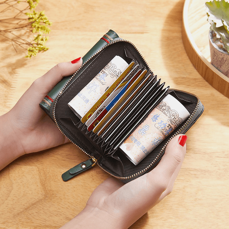 Women PU Leather Embroidery Multi-Card Slot Organ Card Case Short Trifold Money Clip Zipper Coin Purse Wallet - MRSLM