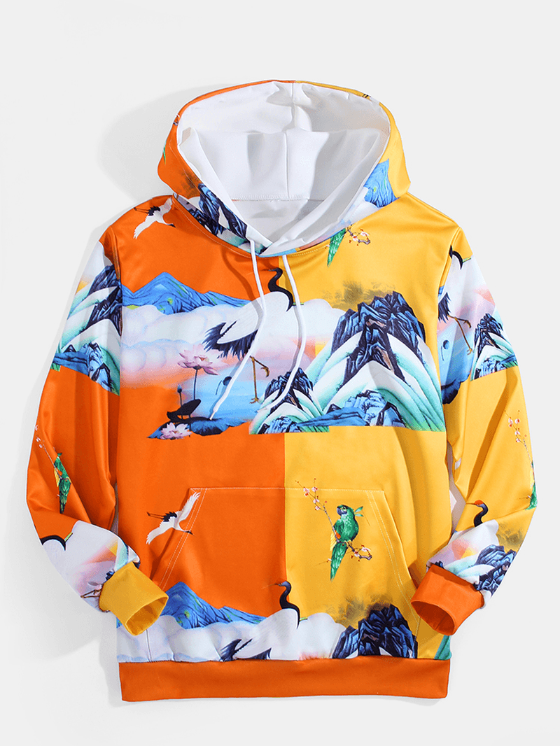 Mens Animal & Landscape Print Patchwork Drawstring Hoodies with Kangaroo Pocket - MRSLM