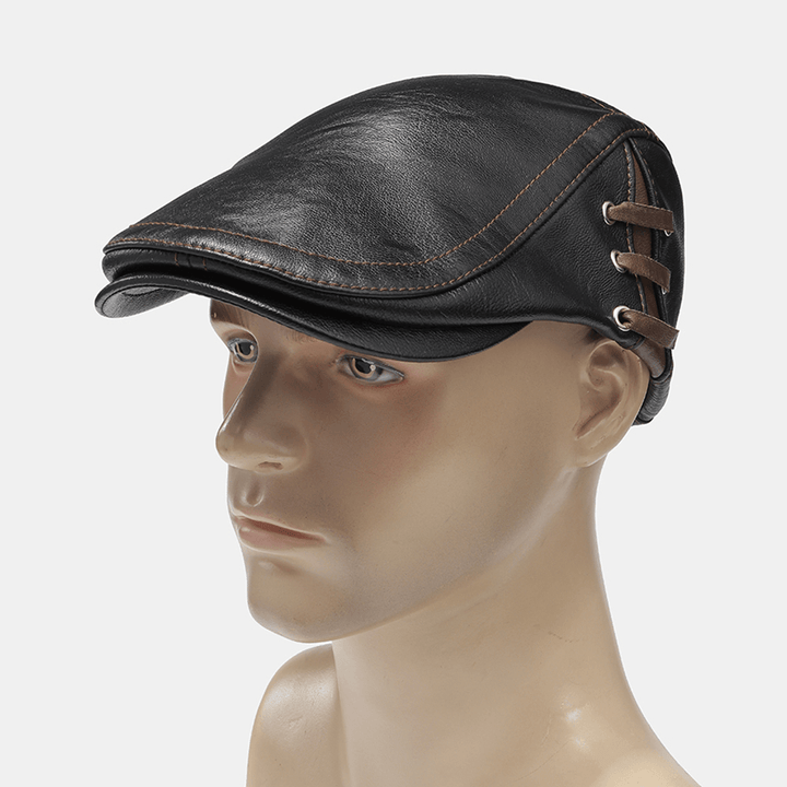 Men'S Leather Cap Personalized Piercing Strap Design Versatile Beret Caps - MRSLM