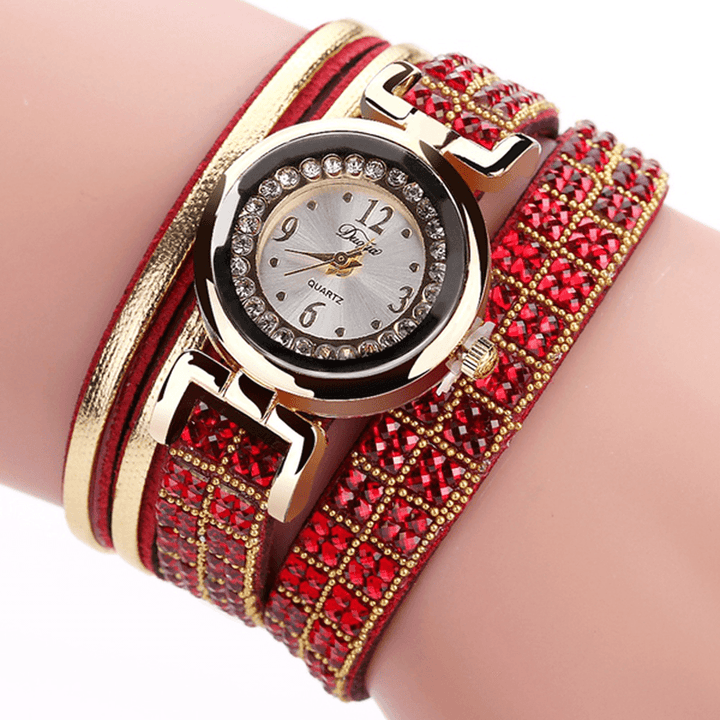 DUOYA Fashion Style Leather Band Bracelet Winding Rhinestones Dial Quartz Moement Ladies Watches - MRSLM