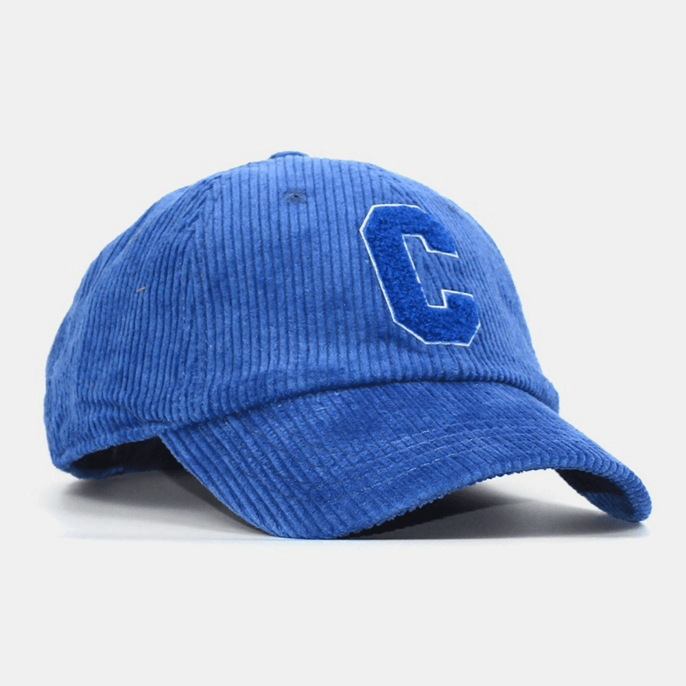 Unisex Corduroy Big C Letter Pattern Embroidery Baseball Cap Autumn Winter Soft Top Curved Brim Stripe Sunshade Hat - MRSLM