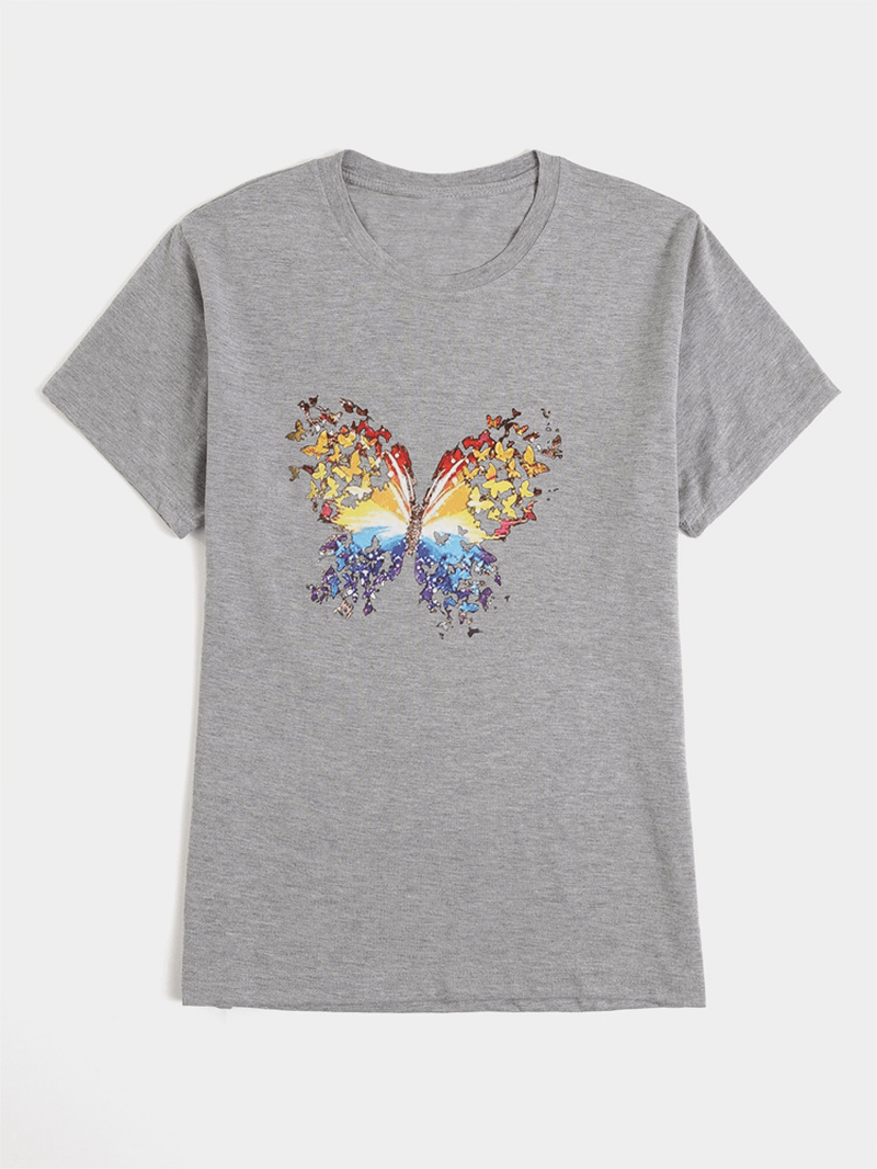 Butterfly Print round Neck Short Sleeve Summer Wild Casual T-Shirts - MRSLM