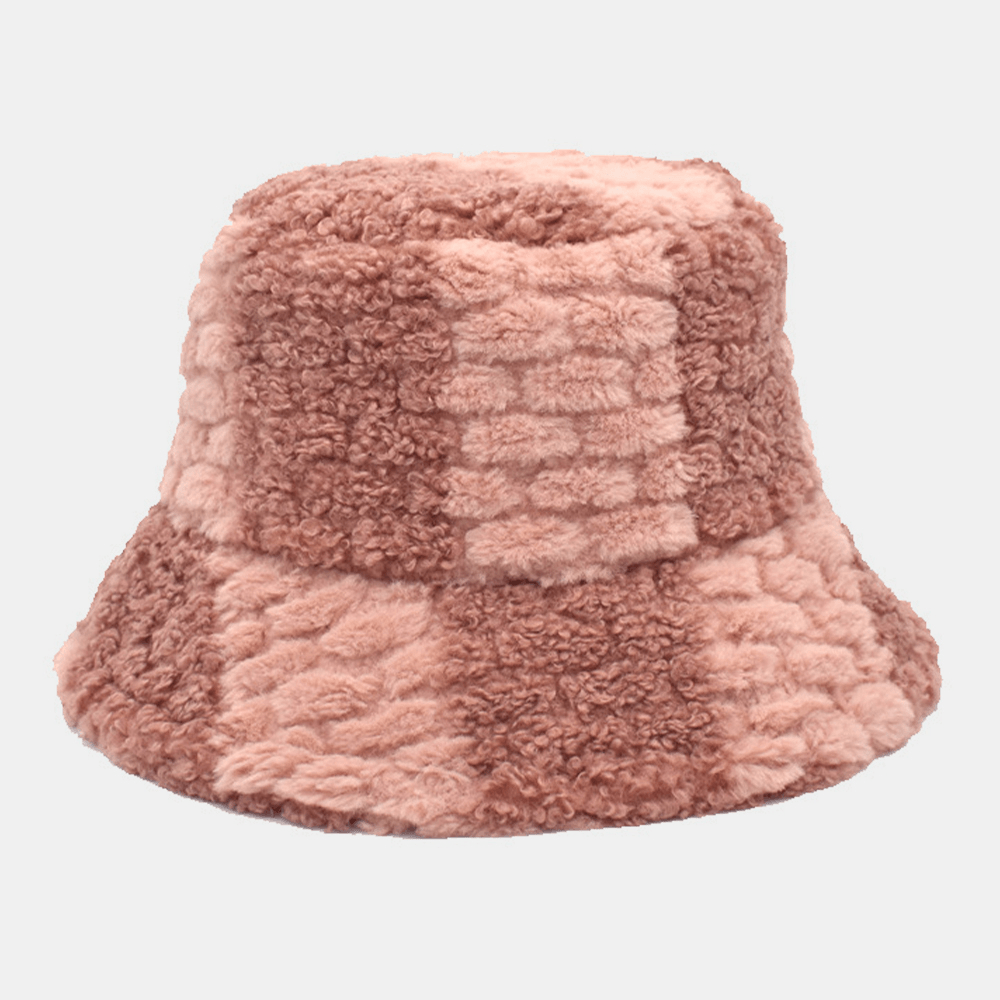 Unisex Lamb Hair Contrast Color Casual Warm Couple Hat Bucket Hat - MRSLM