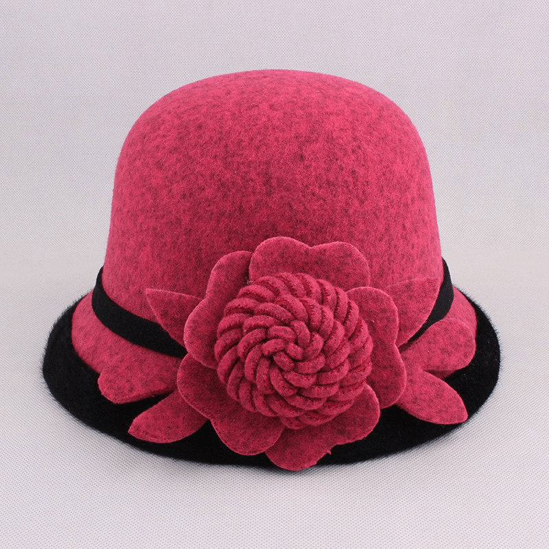 Women Warm Woolen Bowler Hat Flower Ethnic Bucket Hat - MRSLM