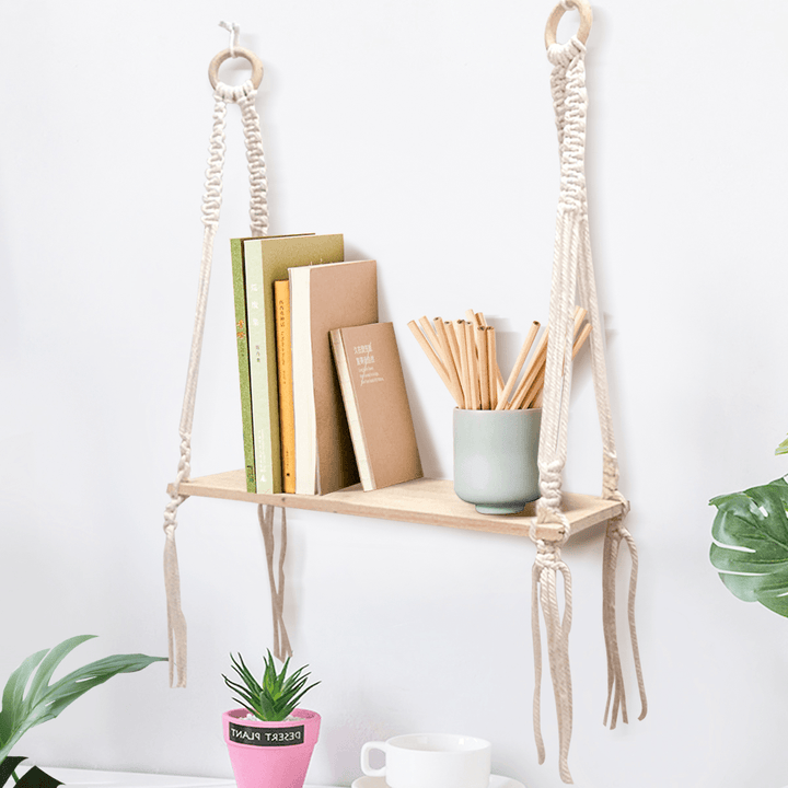 Wooden Bohemian Sling Rack Storage Rack Woven Rope Plant Rack Home DIY Decoration for Home Storage - MRSLM