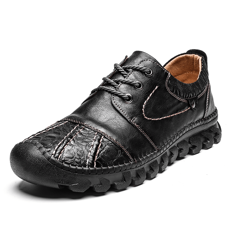 Men Genuine Leather Toe-Protected Breathable Soft Lightweight Lace-Up Tooling Shoes Hand Stitching Shoes - MRSLM