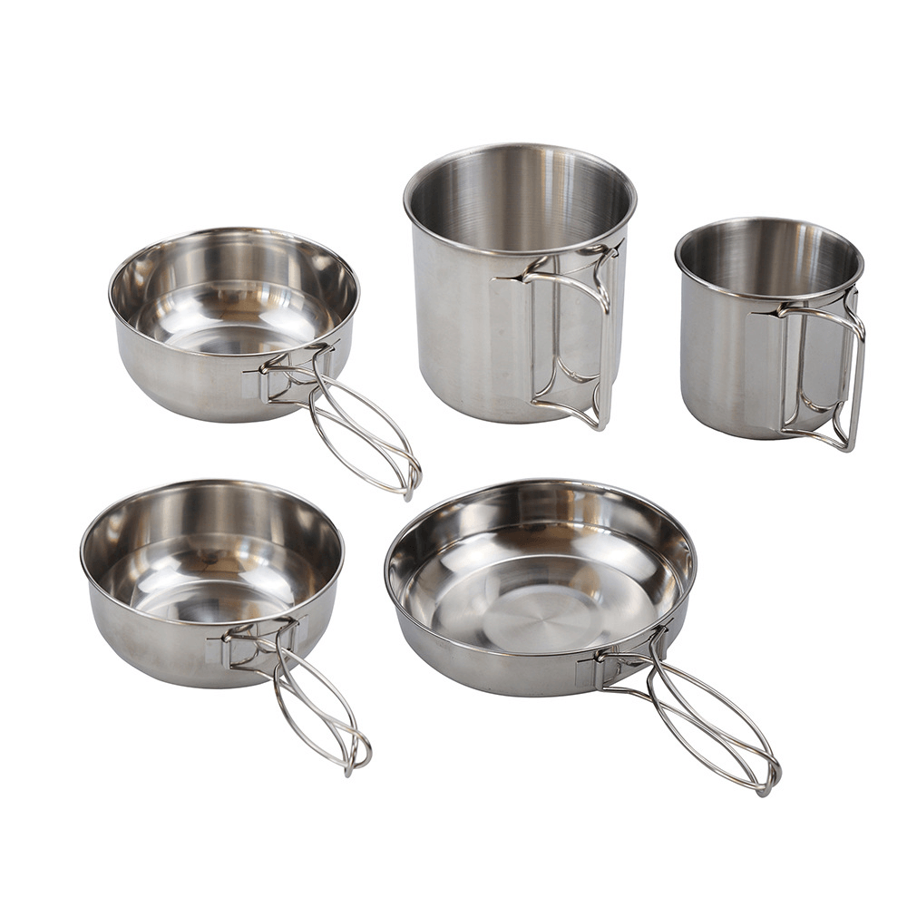 Ipree® 5Pcs Camping Cookware Kit Stainless Steel Pot Frying Pan Cup Picnic BBQ Tableware Set with Storage Bag - MRSLM