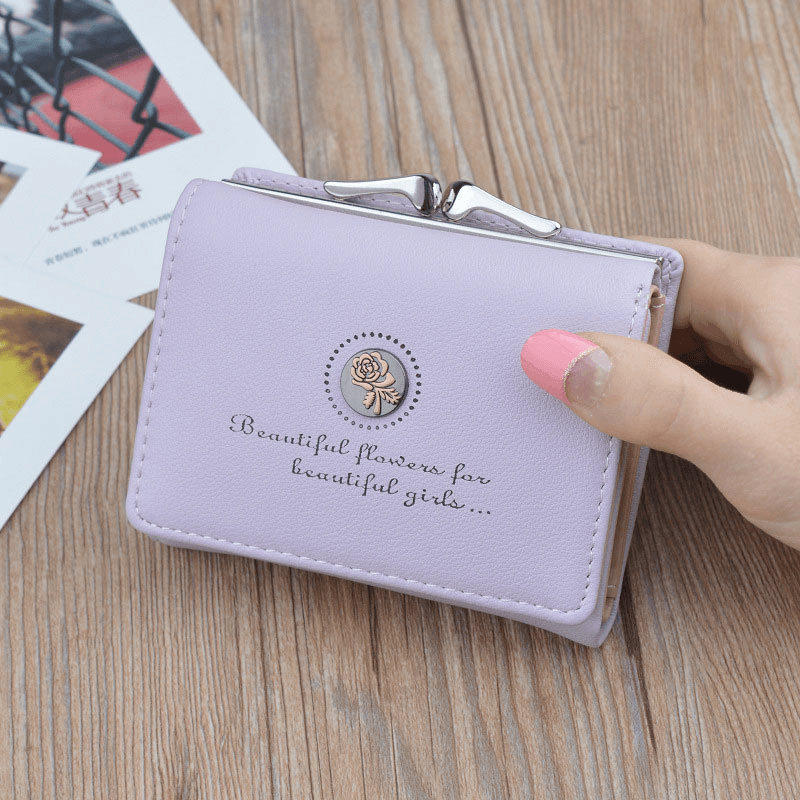 Women PU Leather Floral Clutch Short Solid Buckle Ladies Wallet Mini Portable Credit Card Purse - MRSLM