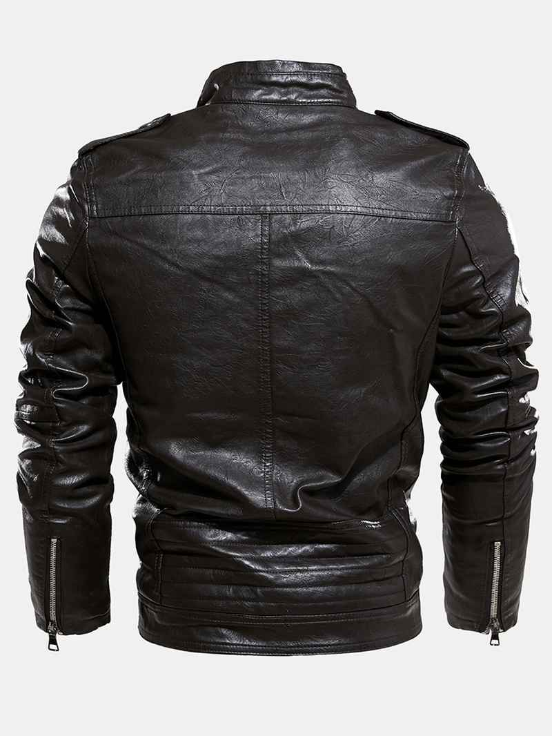 Mens Multi-Zipper Warm Lining Biker PU Leather Jacket - MRSLM