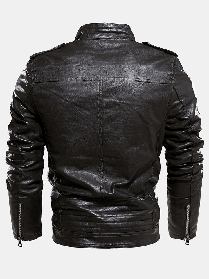 Mens Multi-Zipper Warm Lining Biker PU Leather Jacket - MRSLM