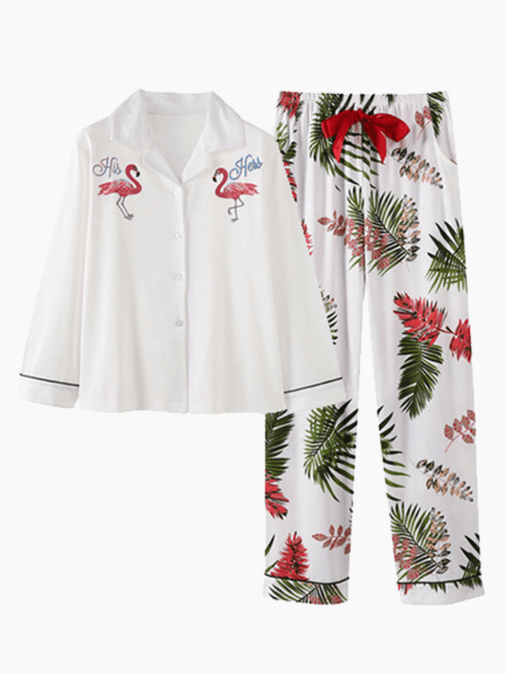 Cotton plus Size Oblique V-Neck Button-Down Printed Pajama Set - MRSLM