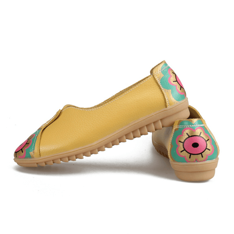 Sun Eye Flower Pattern Soft Leather Slip-Ons Lazy Driving Flat Loafers - MRSLM