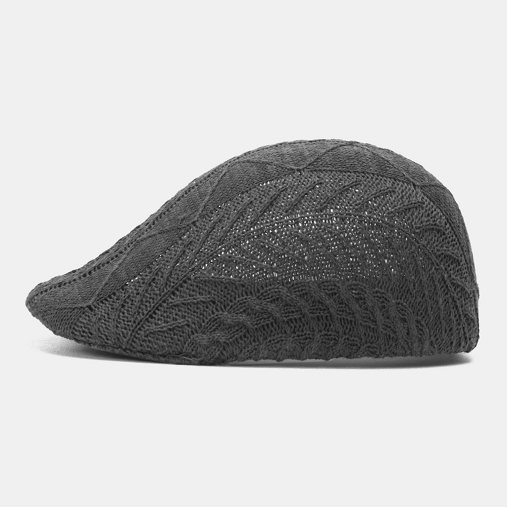 Men Knitted Solid Color Misaligned Stripes Twist Pattern Jacquard Casual Warmth Beret Flat Cap - MRSLM