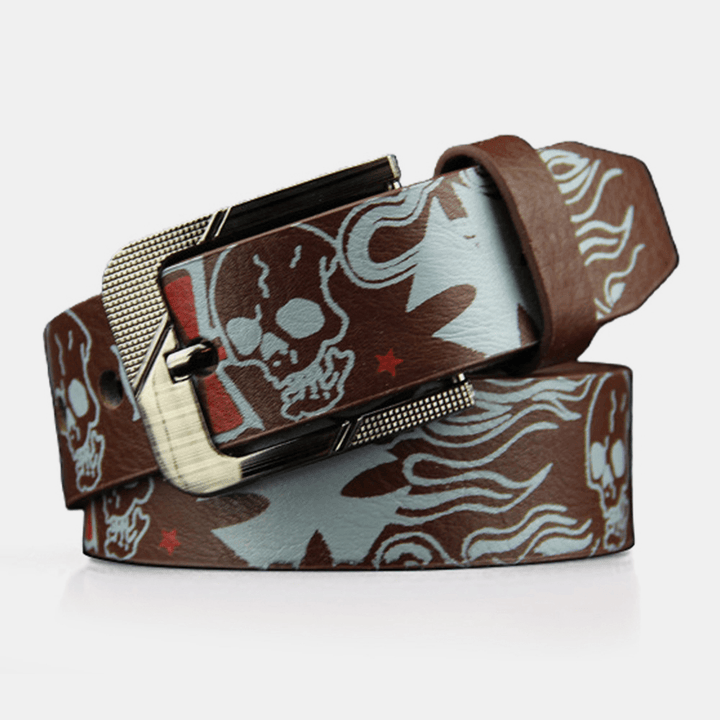 Men PU Leather 110CM Skull Pattern Pin Buckle Casual Cool Pants Belt - MRSLM