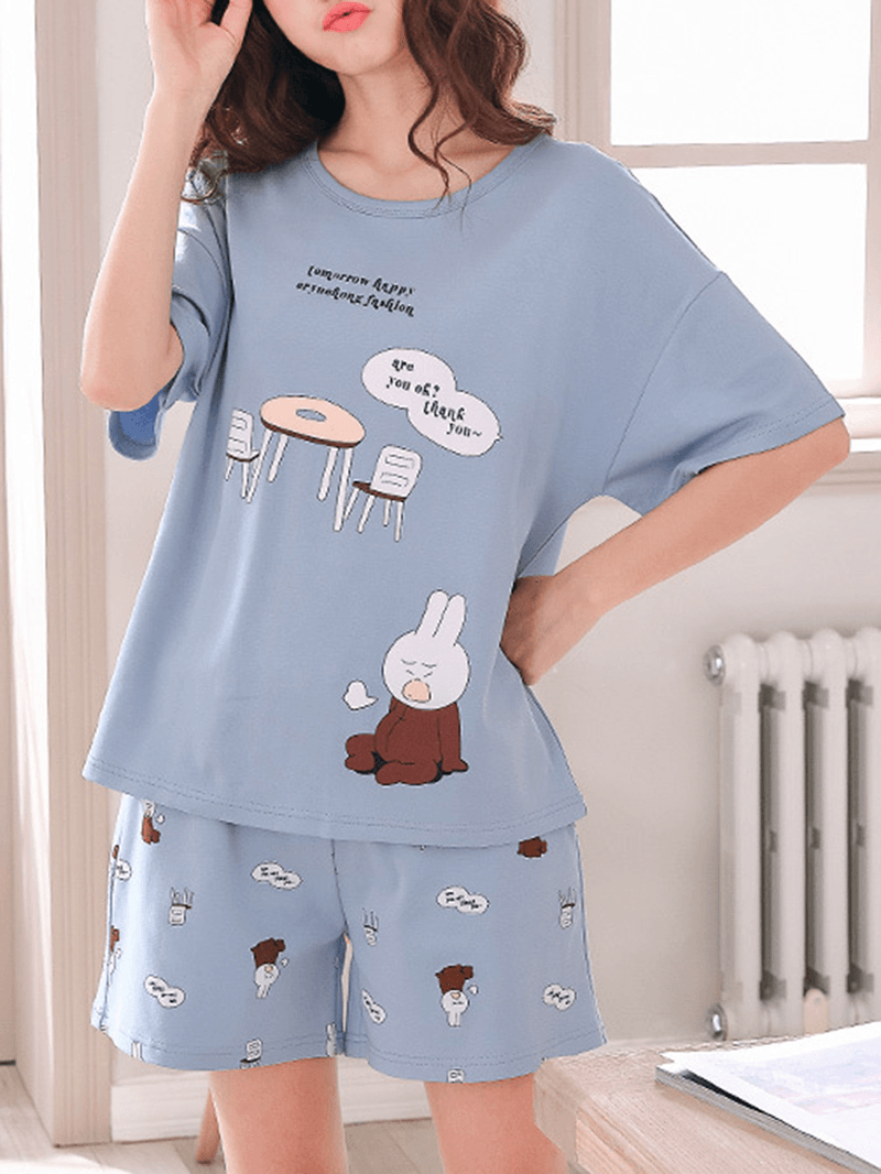 Cute Cartoon Print Short Sleeve Loose Two Piece Pajama Set for Women - MRSLM