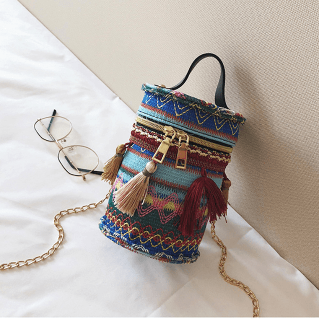 2.4L Women Handbag Straw Tassel Metal Chain Shoulder Bag Beach Tote Outdoor Travel - MRSLM