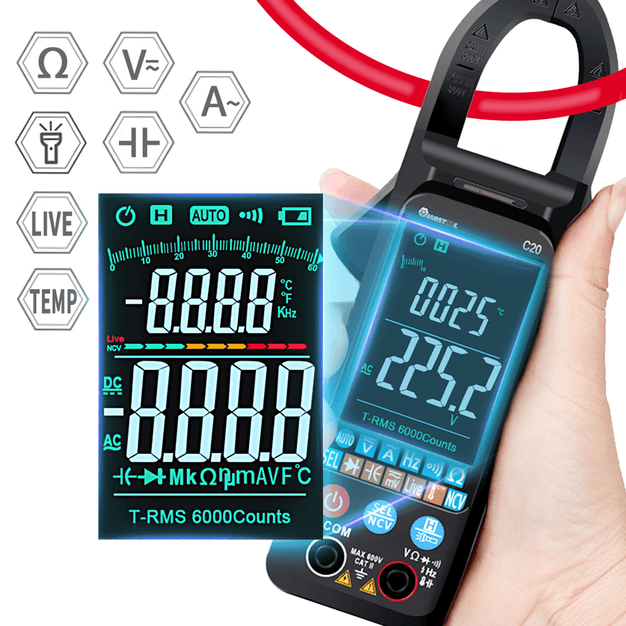 MUSTOOL C20 Large Color Screen Digital Clamp Meter NCV 6000 Counts True RMS Automatic Measurement Smart Digital Multimeter for AC DC Voltage AC Current Temperature Frequency Capacitance Resistance Line On/Off Diode Measurement Multifunction Multimeter - MRSLM