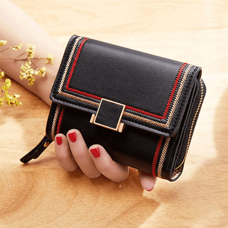 Women PU Leather Embroidery Multi-Card Slot Organ Card Case Short Trifold Money Clip Zipper Coin Purse Wallet - MRSLM